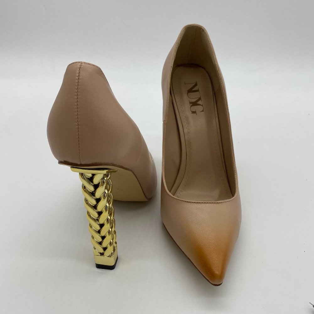 NUYG Gold Metal Chain Chunky Heel Pointed Toe Pump